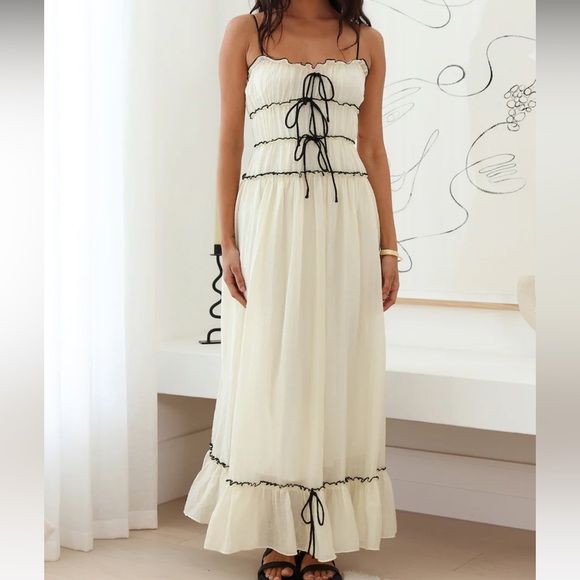fortunate one Dresses & Skirts - Elegant Cream Maxi Dress with Black Accents
